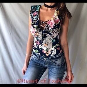 Floral Print Caged Strappy Ruffle Sleeveless Bodysuit Top L